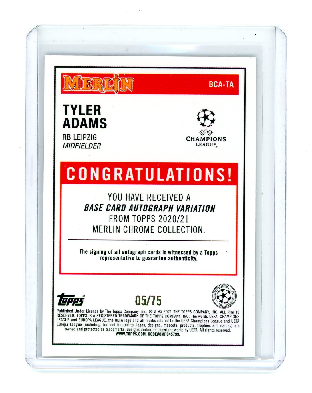 Tyler Adams 2020 Merlin Chrome Autographs Blue #'d 05/75
